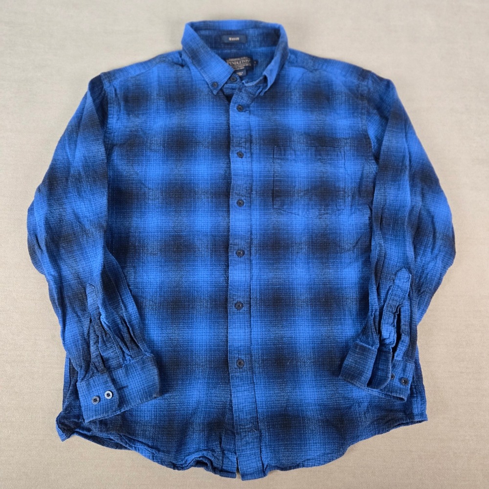 Pendleton Mason Blue Black Ombre Plaid Cotton Flannel Shirt Mens Large Button